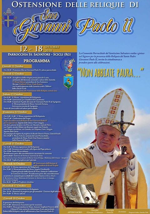 A Scicli le reliquie di Giovanni Paolo II. Festa al SS.Salvatore di Jungi