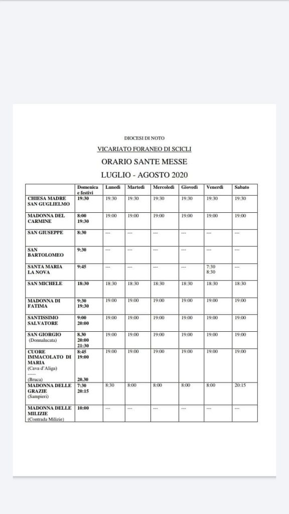 Orari chiese Scicli estate 2020